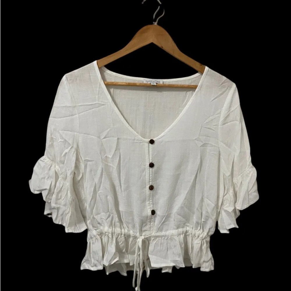 Patrons of Peace Tie Front Ruffle Sleeve Top Blouse